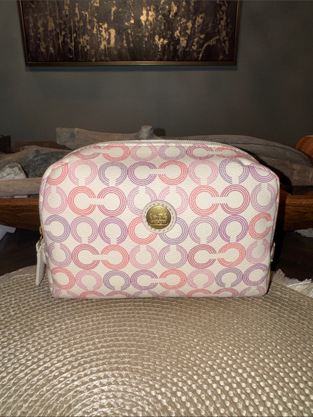 Coach Cream Cosmetic Pouch with Pink & Lavender Signature C Pattern - Picture 1 of 6